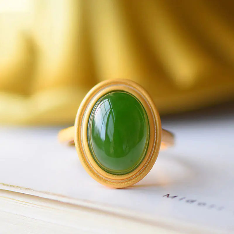 Women's Retro Natural Hetian Jade Ring with Emerald