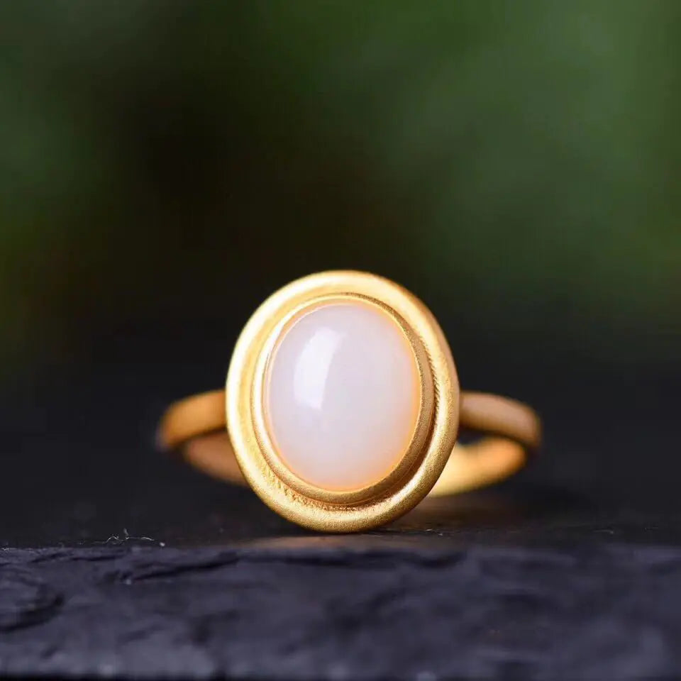Women's Retro Natural Hetian Jade Ring with Emerald